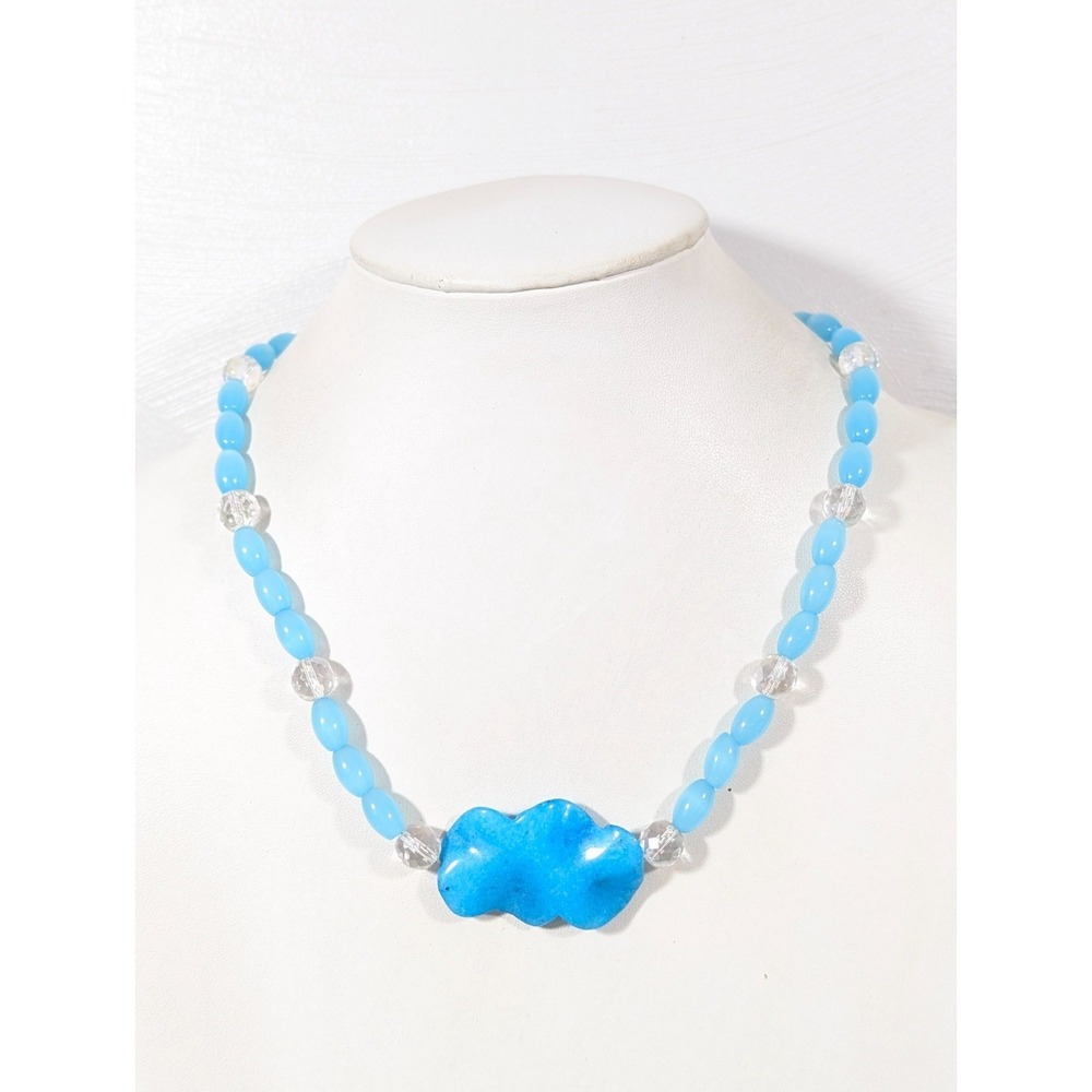 Boho Aqua‎ Blue Glass and Wavy Stone Beaded Statement Necklace 22 in Beach